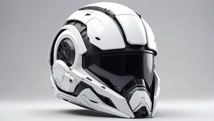 Fototapeta premium A futuristic cybernetic helmet on a white background with a gray background, modern stylized intricate high tech helmet