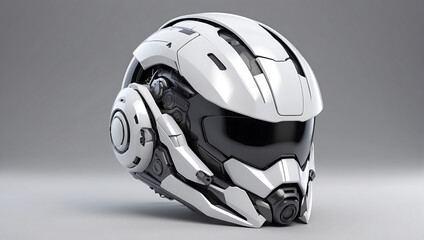 A futuristic cybernetic helmet on a white background with a gray background, modern stylized intricate high tech helmet