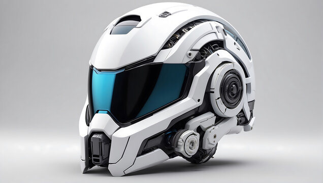 A futuristic cybernetic helmet on a white background with a gray background, modern stylized intricate high tech helmet