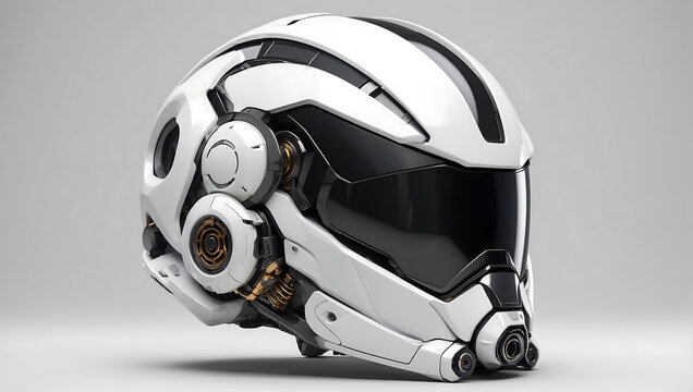 A futuristic cybernetic helmet on a white background with a gray background, modern stylized intricate high tech helmet
