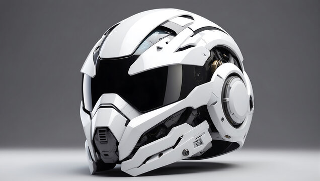A futuristic cybernetic helmet on a white background with a gray background, modern stylized intricate high tech helmet