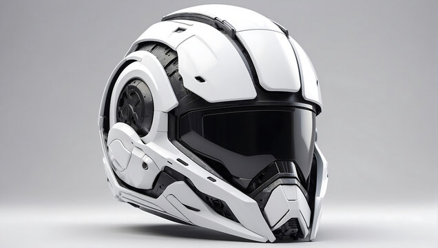 A futuristic cybernetic helmet on a white background with a gray background, modern stylized intricate high tech helmet