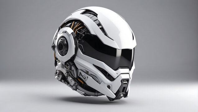 A futuristic cybernetic helmet on a white background with a gray background, modern stylized intricate high tech helmet