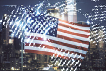 Abstract graphic digital world map hologram with connections on USA flag and blurry skyscrapers...