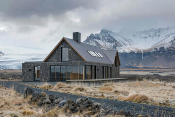 An Icelandic farmhouse with modern architecture, using local stone and wood, set against the backdrop of glaciers and volcanic fields.