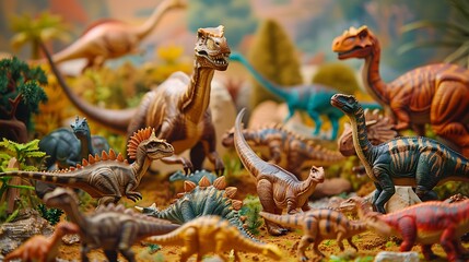 Obraz premium A collection of toy dinosaurs arranged in a prehistoric scene