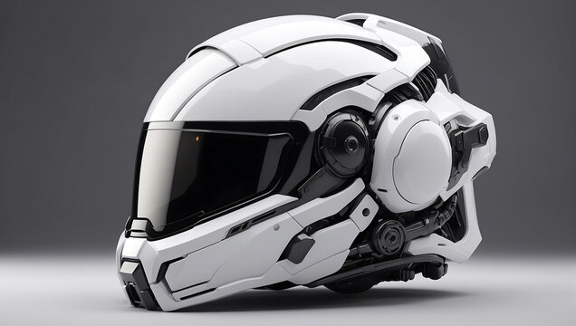 A futuristic cybernetic helmet on a white background with a gray background, modern stylized intricate high tech helmet