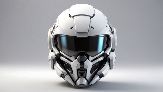 A futuristic cybernetic helmet on a white background with a gray background, modern stylized intricate high tech helmet