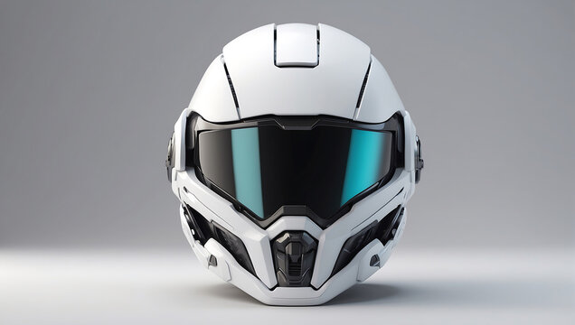 A futuristic cybernetic helmet on a white background with a gray background, modern stylized intricate high tech helmet