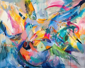 abstract painting with many shapes and colors, vibrant airy scenes, expressive lines