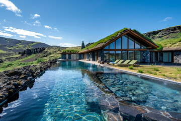 Obraz premium An Icelandic retreat in a green belt volcanic area, with eco-friendly design, turf roofs, and natural thermal pools amidst rugged lava fields.