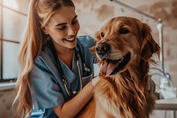 At a Modern Vet Clinic: Golden Retriever Sitting on Examination Table as a Female Veterinarian Assesses the Dog's Health. Handsome Dog's Owner Helps to Calm Down the Pet