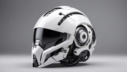 Fototapeta premium A futuristic cybernetic helmet on a white background with a gray background, modern stylized intricate high tech helmet