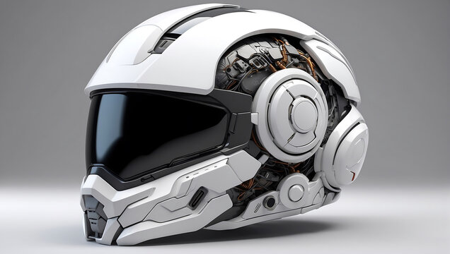 A futuristic cybernetic helmet on a white background with a gray background, modern stylized intricate high tech helmet