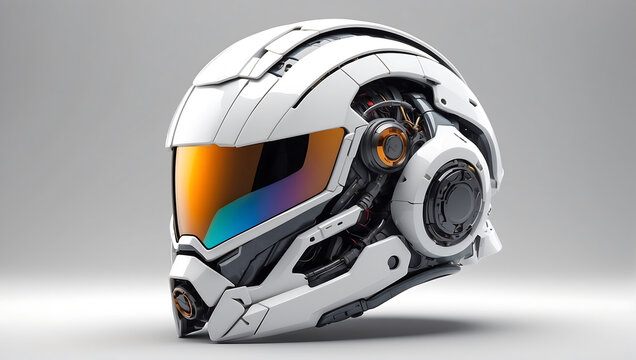 A futuristic cybernetic helmet on a white background with a gray background, modern stylized intricate high tech helmet