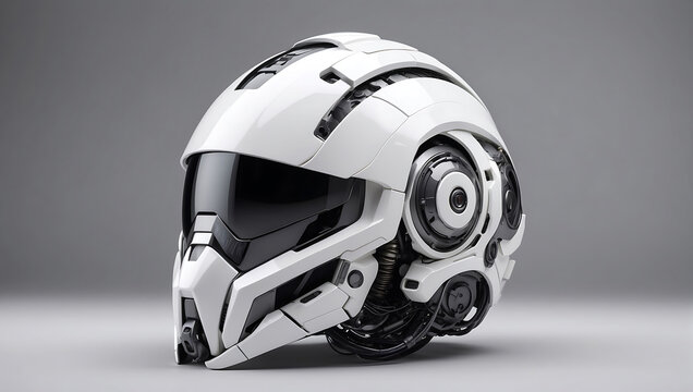A futuristic cybernetic helmet on a white background with a gray background, modern stylized intricate high tech helmet