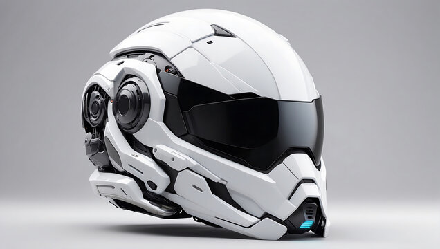A futuristic cybernetic helmet on a white background with a gray background, modern stylized intricate high tech helmet