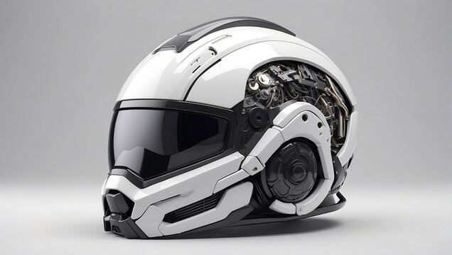 A futuristic cybernetic helmet on a white background with a gray background, modern stylized intricate high tech helmet