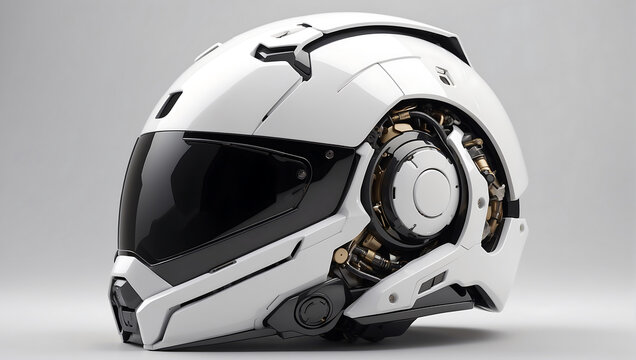 A futuristic cybernetic helmet on a white background with a gray background, modern stylized intricate high tech helmet