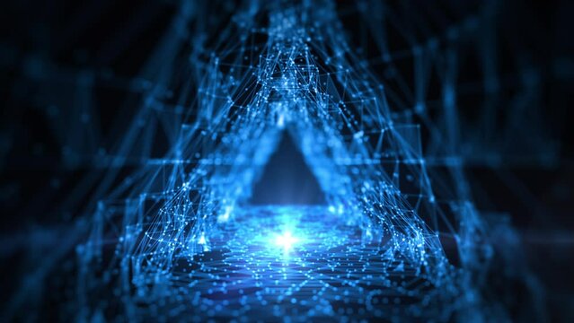 Technology concept big data network, Tunnel triangle with dot and lines dark blue abstract background. animation 4k, 3d rendering.