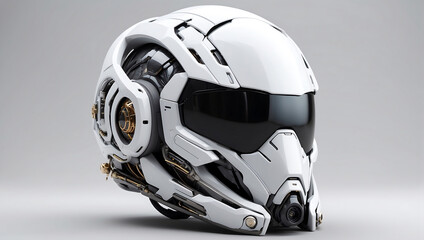 A futuristic cybernetic helmet on a white background with a gray background, modern stylized intricate high tech helmet