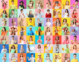 Big collage of cute little children on color background