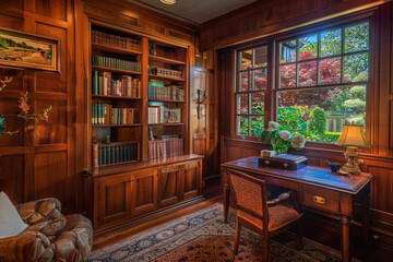 An intimate craftsman style study, with rich wooden paneling, a built-in bookcase filled with classics, and a vintage desk by a window overlooking a tranquil garden.