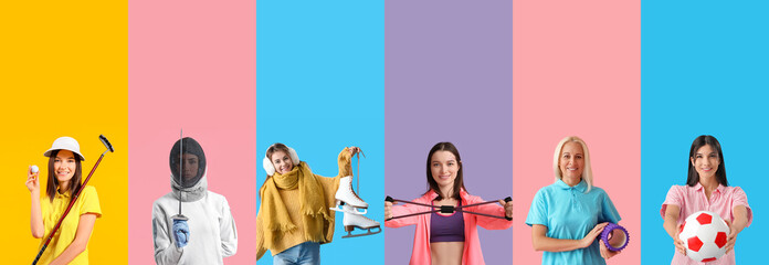 Set of different sporty women on color background