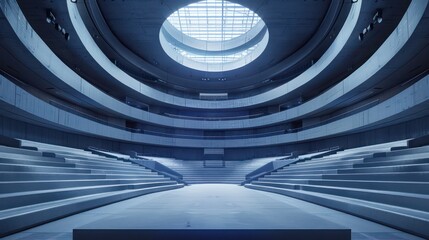 a stage in the middle an empty arena, light silver and indigo