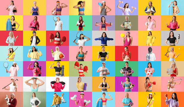 Collage of many sporty women on color background - Powered by Adobe