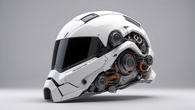 A futuristic cybernetic helmet on a white background with a gray background, modern stylized intricate high tech helmet