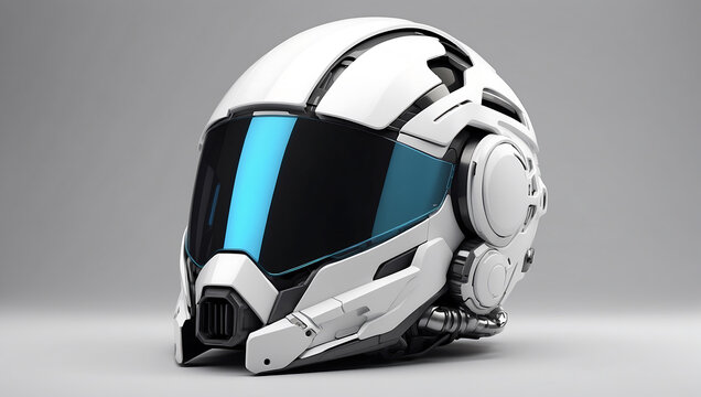 A futuristic cybernetic helmet on a white background with a gray background, modern stylized intricate high tech helmet