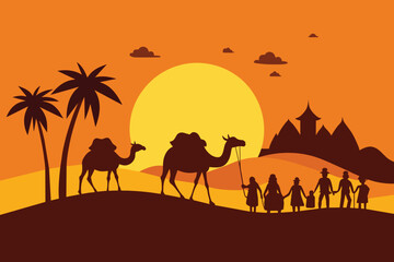 Fototapeta na wymiar Silhouette of Caravan mit people and camels wandering through the deserts with palms at night and day. Vector