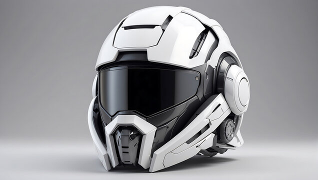 A futuristic cybernetic helmet on a white background with a gray background, modern stylized intricate high tech helmet
