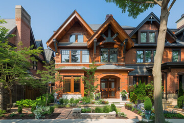 An urban Craftsman townhouse with a unique blend of brick and wood fa? section ade, decorative gables, and a landscaped front garden, fitting seamlessly into the historic city block.