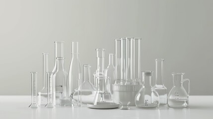 Chemical lab glasses on white table, glass vials, measuring cups, test tubes, distillation flasks
