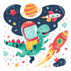 dinosaur in astronaut costume, stars, rocket, children's illustration on white background