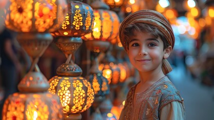 Ai Generative photo of a happy muslim boy with ramadan lanterns in streets