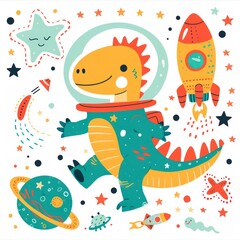 dinosaur in astronaut costume, stars, rocket, children's illustration on white background