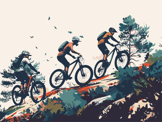 Obraz premium Adrenaline-Fueled Mountain Biking Trail Conquest: A Collaborative Adventure Through Nature's Obstacles