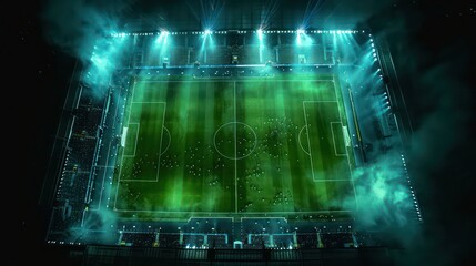 empty soccer stadium, floodlight, ball in the center