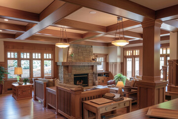The interior of a craftsman style house featuring an open concept living space with coffered ceilings, a stone fireplace, and handcrafted wooden furniture, bathed in soft, natural light.