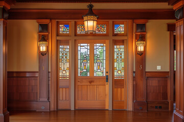 The grand entrance of a craftsman style house, with a custom-made wooden door flanked by stained glass panels and lantern-style sconces.