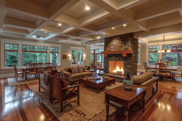 The interior of a craftsman style house featuring an open concept living space with coffered ceilings, a stone fireplace, and handcrafted wooden furniture, bathed in soft, natural light.