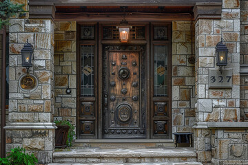 The intricate front door of an antique craftsman house, featuring period-appropriate hardware and a welcoming lantern, set in a facade of natural stone and aged wood.