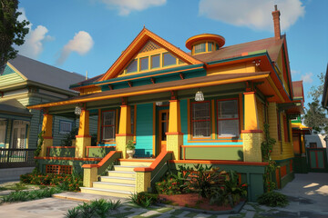 A 3D render of a Craftsman house in the vibrant heart of New Orleans, blending classic architectural elements with the colorful, lively aesthetics of the city's historic districts.