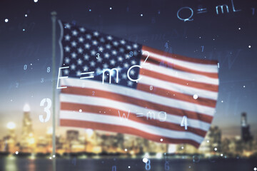 Scientific formula hologram on US flag and skyline background, research concept. Multiexposure