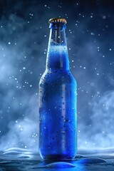 blue beer bottle, low angle, in back lighting effect