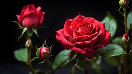  A vibrant red rosebud just beginning to unfurl its delicate petals against a dark background 