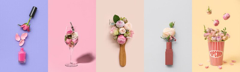 Collection of different items with rose flowers on color background